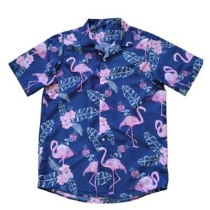 Unbranded Button Up Shirt Man Medium Blue Pink‎ Flamingos AOP Tropical Vacation